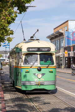 historic  F-line Antique PCC streetcar operating from Market street to Fisherman's wharf and Castro  in San Francisco, California CA, USA