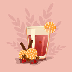 Mulled wine in a glass with orange on a light background with leaves