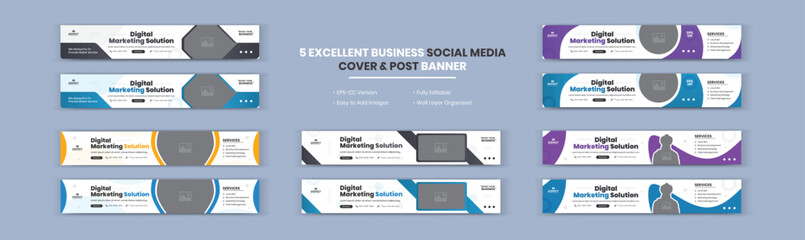 Modern abstract Digital Marketing Solution and Agency Corporate Business banner LinkedIn cover design set