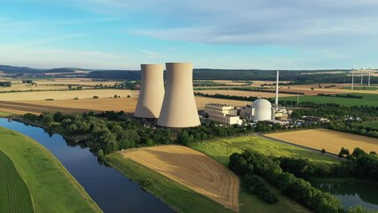 View of drone of nuclear power plant and river