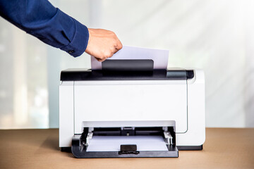 Printer, copier, scanner in office. Workplace ,photocopier machine for scanning document printing a sheet paper and xerox photocopy.