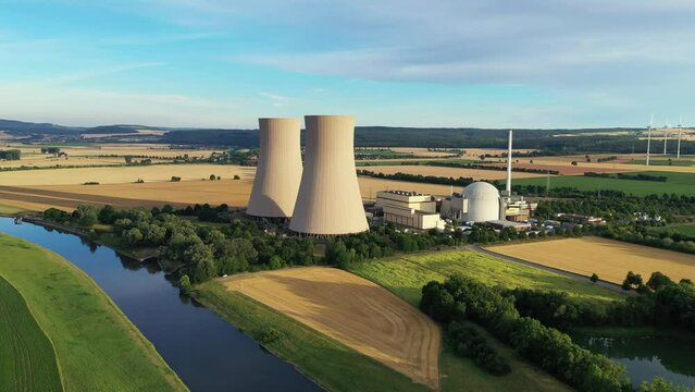 View of drone of nuclear power plant and river