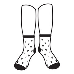 Warm socks on the feet with a pattern, black outline, vector illustration