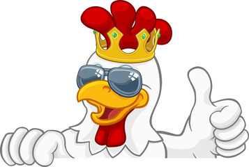 A chicken rooster cockerel bird cartoon character. In a kings gold crown and cool shades or sunglasses peeking over a sign and giving a thumbs up