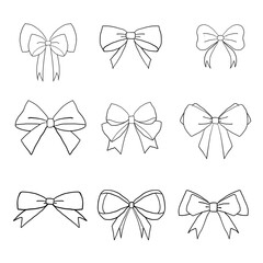 Bow icons set. Collection of different cute of bows. Set of bows. Illustration white background. Decoration of bows. 