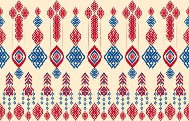 Asian folk geometric ethnic red blue line ikat seamless fabric pattern. Royal elegant eggshell color background. Embroidery mofif boho art print vector design for clothing textile vintage retro style.