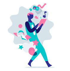 Uomo che usa un tablet da cui escono i simboli di comunicazione © Hurca!