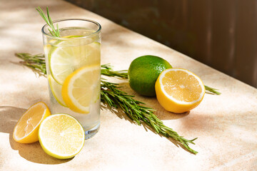 Summer refreshing lemonade and ingredients on light table - obrazy, fototapety, plakaty