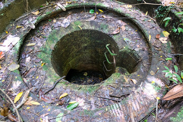 The entrance and steps to an underground WW2 bunker found in the forest on the tropical island of...