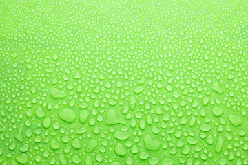 Fresh bright water drops on soft light green background as energy nature colorful pattern of...