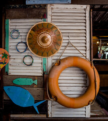 Wooden design sign board in tropical cafe