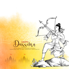 Happy Dussehra festival celebration card with lord rama holding bow and arrow - obrazy, fototapety, plakaty