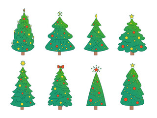 Vector New Year set with christmas trees. Evergreen trees with balls, stars and garlands. Gradient fir trees for Christmas.