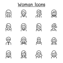 Woman icon set in thin line style