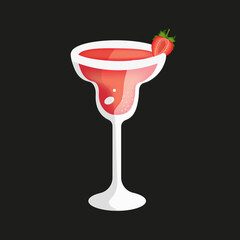 A glass with a margarita cocktail with a slice of strawberry on black background. Vector illustration with red alcohol cocktail with tequila and berry.