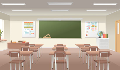 School classroom interior. A bright spacious room with a blackboard and desks for studying science and education