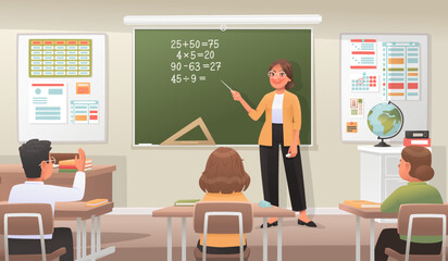 Kind teacher in a classroom with students studying mathematics. Primary School. Vector illustration - obrazy, fototapety, plakaty