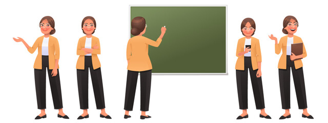 Teacher woman character set. Friendly teacher points, poses, writes on the blackboard, looks at the phone, speaks - 533123056