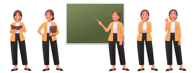 Teacher woman character set. Happy teacher pointing at the blackboard, posing, reading, thinking, idea - 533123060