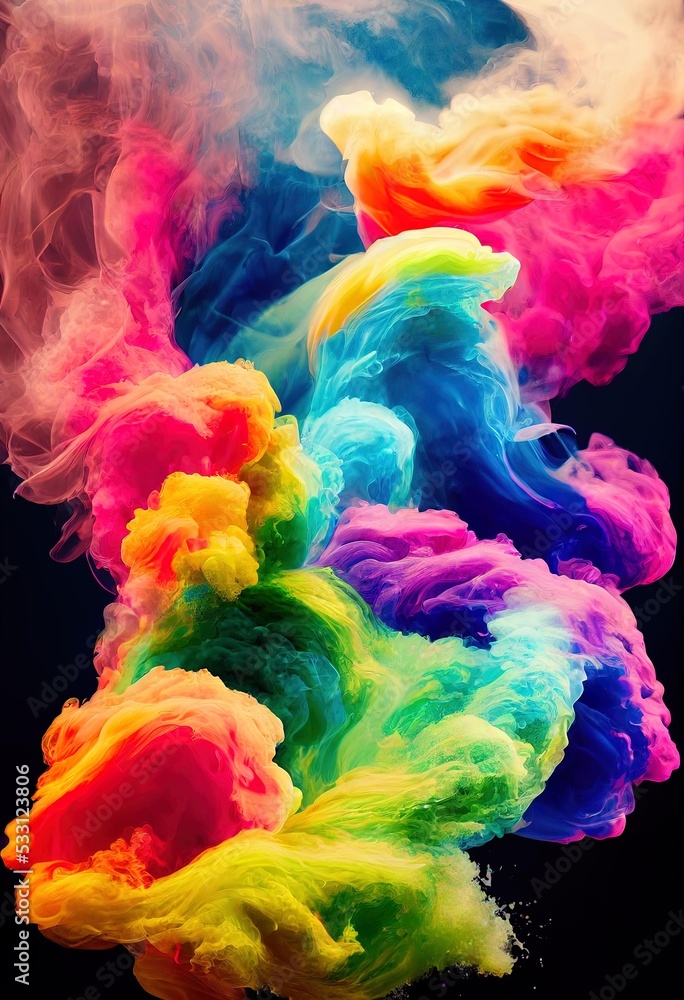 Poster a group of colorful smokes floating in the air, smoke swirls into one another in multi colored cloud