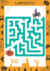 Halloween labyrinth worksheet. Maze or Labyrinth Game. Puzzle. Tangled road. Coloring Page Outline Of cartoon little witch with magical pot