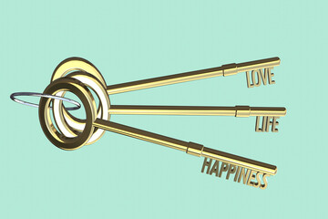 key to love concept key to life concept key to happiness concept bunch of keys 3d render gold keys