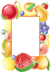 Summer fruit frame: pomegranate, strawberry, grape, lemon, orange, watermelon, mango, peach and pear. Tropical juicy border.