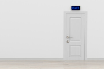 door with sign exit in room. 3D illustration