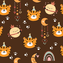 Cute tiger head and planet in boho style seamless pattern. Vector cartoon illustration. Decoration design for nursery, t-shirts, posters