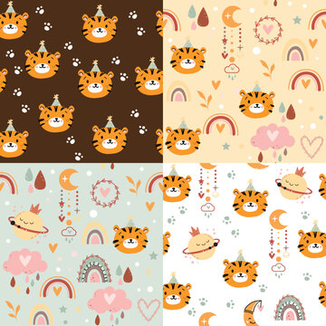 Cute tiger head and planet in boho style seamless pattern set. Vector cartoon illustration. Design for nursery art, t-shirts, posters