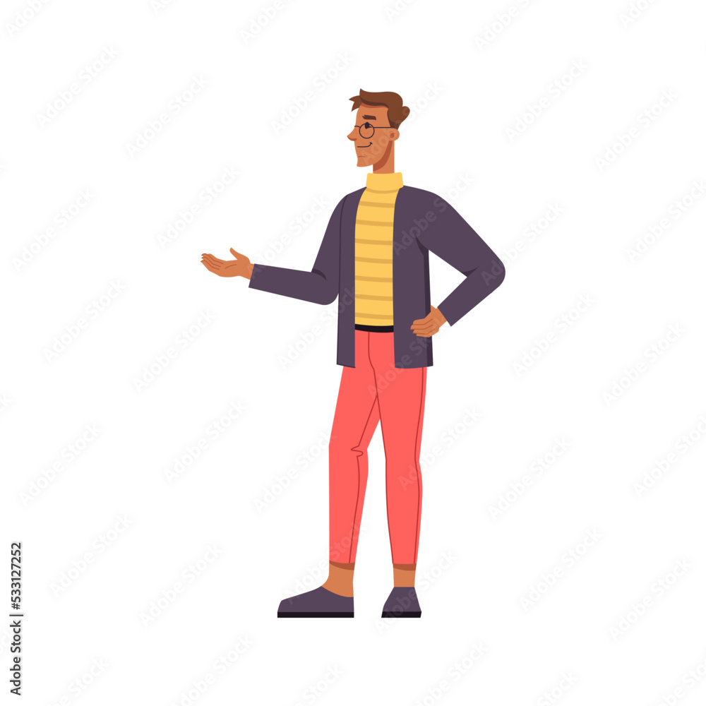Aufkleber presentation or business meeting, isolated man pointing with hand and looking in distance. guide in 