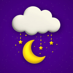 Obraz na płótnie Canvas Cute background with blue night sky, cloud, golden stars and moon garland. Vector illustration.