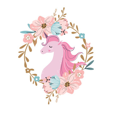 Cute unicorn in boho style with frame with spring flowers. Vector illustration of a print for children's clothing