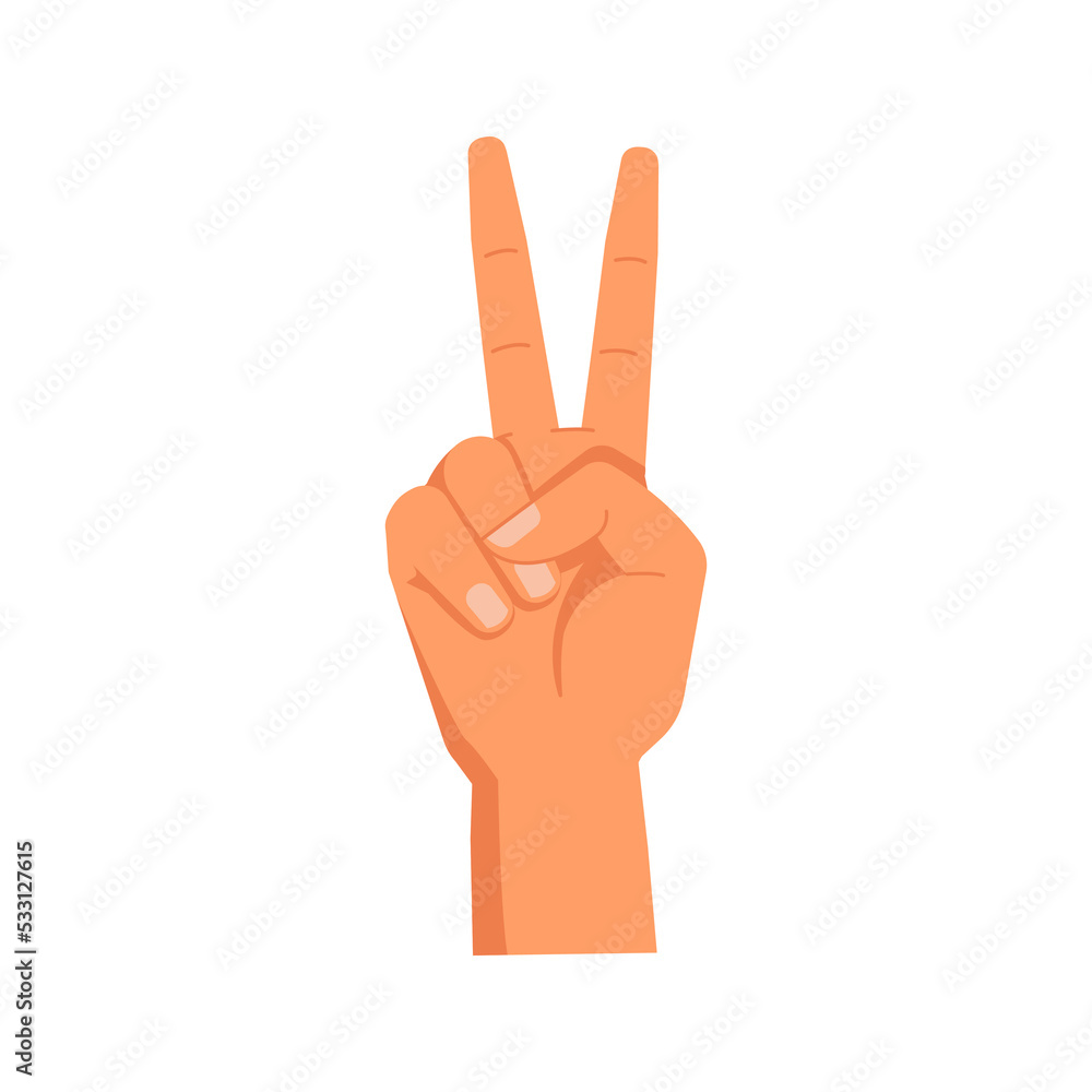 Poster Raised fingers showing number two, isolated hand gesture. Counting or calculating visual enumeration. Hand gesture nonverbal communication. Vector in flat style