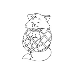 The fox wrapped herself in a blanket and drinks a warming drink. Autumn. Hot tea. Doodle. Drawn by hand. Sketch. Silhouette. Black and white. Contour. Coloring.