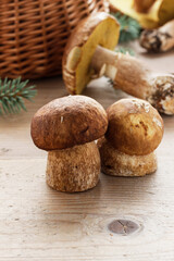 Mushrooms on a wooden table.
