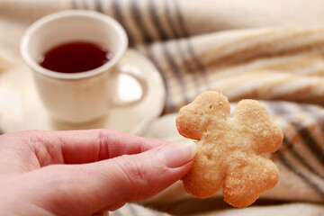 Tiny cookie and cup of tea.