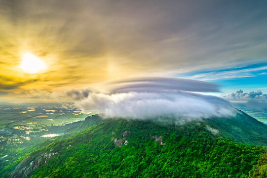 Morning On The Top Of Tri Ton Mountain, An Giang, Vietnam When The Clouds Cover And The Sun Rises To Welcome A Peaceful New Day In The Border Region Of Vietnam