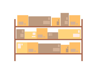 Shelves with parcels in warehouse, isolated logistics and shipping of products, goods and items. Transportation and storage. Vector in flat cartoon style
