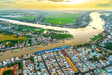 Chau Doc city, An Giang Province, Viet Nam, aerial view. This is a city bordering Cambodia in the Mekong Delta region of Vietnam.