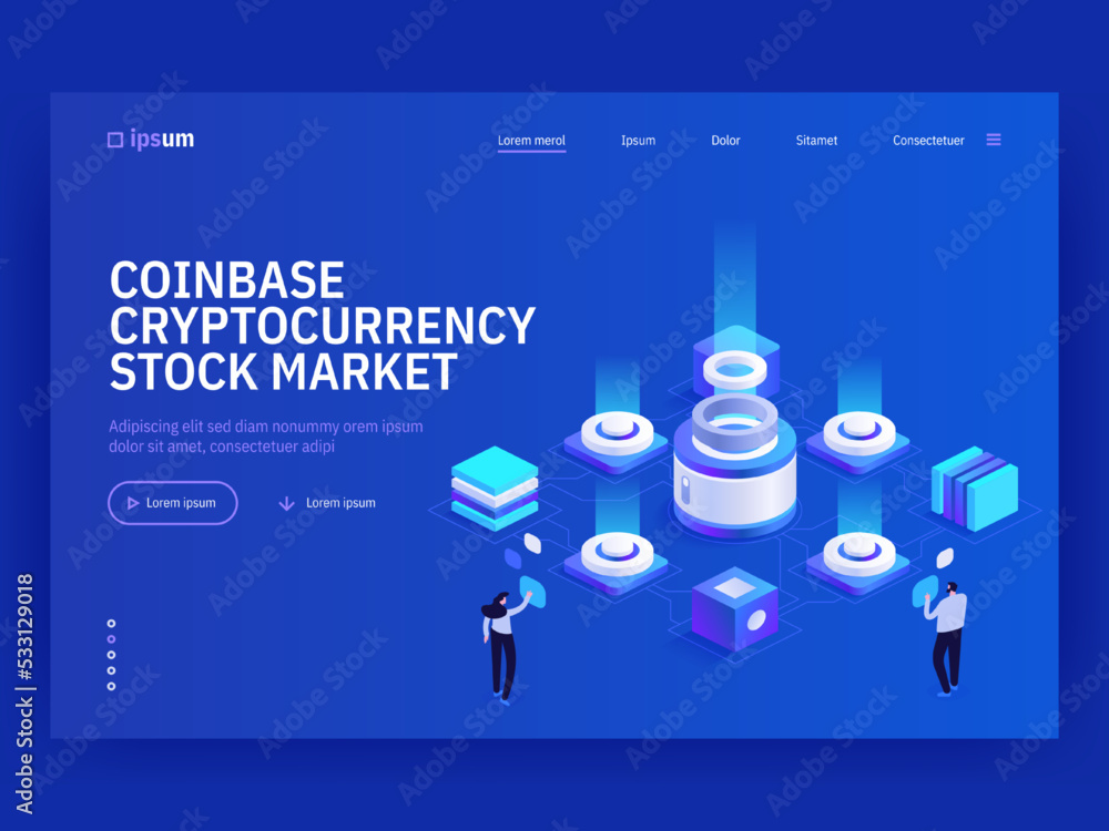 Poster coinbase cryptocurrency stock market isometric vector image on blue background. digital finance and 