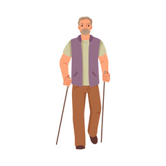 Active senior man with Nordic walking sticks doing exercises and improving health. Isolated grandfather, elderly personage. Vector in flat cartoon style