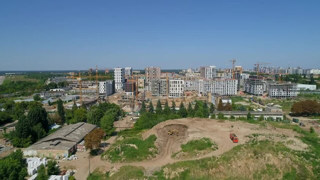 Drone aerial view cityscape modern building Residential complex Nice town. Construction of residential premises. Kyiv capital of Ukraine