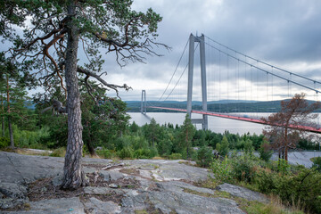 Hogakustenbron, suspension bridge in the High Coast area in Sweedn on a cloudy day. Hoga Kusten trail starting point.