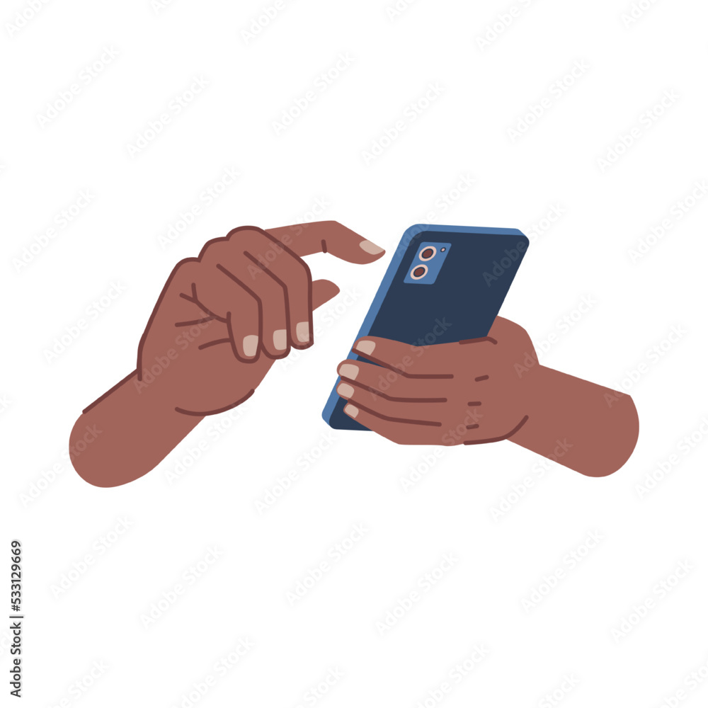 Aufkleber hand of personage holding and using smartphone, isolated character user tapping on touchscreen of ph