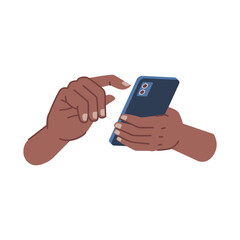 Hand of personage holding and using smartphone, isolated character user tapping on touchscreen of phone. Cell for communication. Vector in flat cartoon style