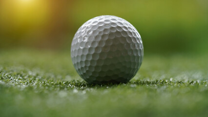 Golf ball on green grass with blur background.