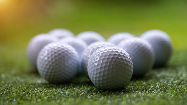 Golf ball on green grass with blur background.