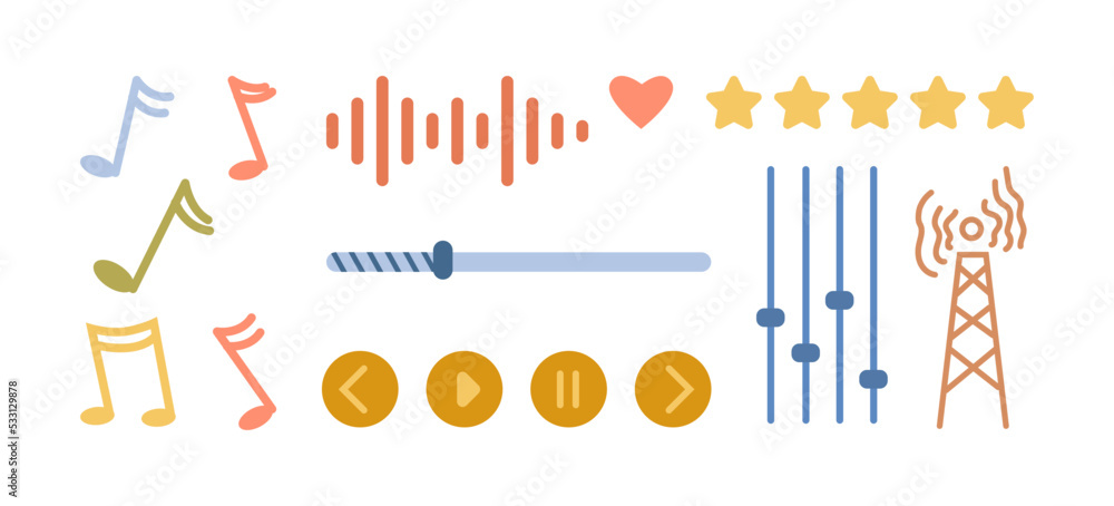 Poster podcast or music playing, isolated buttons and equalizer for songs. next and previous, stop and paus