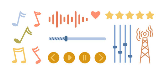 Podcast or music playing, isolated buttons and equalizer for songs. Next and previous, stop and pause. Sound wave and station, rating. Vector in flat cartoon style